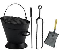 Trendi 4 Piece Fireside Companion Set For Log Burner Includes Waterloo Bucket Wooden Handle Shovel Metal Tongs