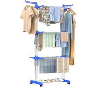 Trendi 4 Tier Foldable Clothes Drying Rack/Poll | Adjustable Hanger Large Stainless Steel Laundry Rack | 360° Rotating Arms, Rolling Wheels, and Large Drying Space for Indoor/Outdoor Use