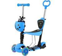 Trendi 5 In 1 Kids Scooter With Seat And Push Handle 3 Wheel Toddler Scooter With Led Light Up Wheels Adjustable Handlebar (Blue)
