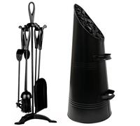 Trendi Black Waterloo Bucket Coal Log Fire Ash Scuttle Hod Fireside + Shovel with 5 Piece Cast Iron Loop Design Companion Set… (Companion Set + Coal Scuttle HOD)