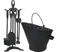 Trendi Black Waterloo Bucket Coal Log Fire Ash Scuttle Hod Fireside With 5 Piece Cast Iron Loop Design Companion Set