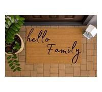 Trendi Coir Door Mat 60 x 40cm - Natural Coconut Fibre Doormat for Indoor & Outdoor Use - Non Slip PVC Backing - Entryway Dirt Trapper Rug - Heavy Duty Front Door Mat (hello family)