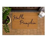 Trendi Coir Door Mat 60 x 40cm - Natural Coconut Fibre Doormat for Indoor & Outdoor Use - Non Slip PVC Backing - Entryway Dirt Trapper Rug - Heavy Duty Front Door Mat (Hello Pumpkin)