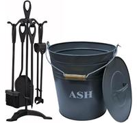 Trendi Fireside Ash Carrier Metal Hot Tidy Box Container 15L Ash Bucket With 5 Piece Cast Iron Loop Design Companion Setlid