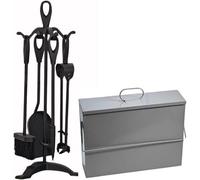 Trendi Fireside Ash Carrier Metal Hot Tidy Box Container With 5Pc Cast Iron Loop Design Companion Set (Companion Set + Grey Ashbox