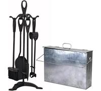 Trendi Fireside Ash Carrier Metal Hot Tidy Box Containerwith 5Pc Cast Iron Loop Design Companion Set(Companion Set + Silver Ashbox