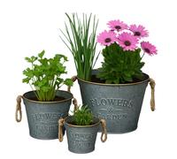 Trendi Galvanized Metal Flower Pots with Rope Handles - Set of 3 Rustic Planters for Indoor & Outdoor Use | Vintage Flowers & Garden Embossed Tin Buckets | Decorative Rustic Planters