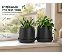 Trendi Pack Of 2 Black Rattan Effect Planter Pots With Drainage Holes 30Cm Lightweight Plastic Plant Pots With Tray Indoor Outdoor