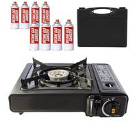 Trendi Portable Camping Stove with 8 Gas Canisters - Complete Outdoor Cooking Set with Carry Case, EN417 Gas Compatibility, Auto Ignition & Adjustable Flame