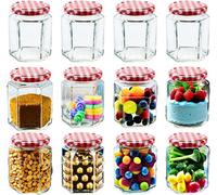 Trendi Set Of 12 Hexagonal Storage Glass Jars - 280Ml, Featuring Red Gingham Lid & Labels. Clear Airtight Jars
