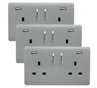 Trendi Switch 2 Gang Artistic Modern Glossy 13 Amp 2 x 3.1mA USB Switched Plug Socket Silver (Pack of 3)