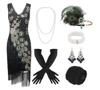 TrendiMax 1920s Great Gatsby Dress V Neck Beaded Fringed Women's Flapper Dresses, Black, XL