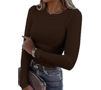 TrendiMax Womens Long Sleeve Crewneck Shirts Ribbed Knit Fitted Casual Basic Tops T-Shirt Dark Brown