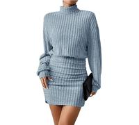 TrendiMax Women's Long Sleeve Jumper Dress Mock Turtel Neck Ribbed Knit Bodycon Mini Short Sweater Dress Light Blue