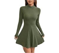 TrendiMax Women's Long Sleeve Mini Dress Ribbed Knit Mock Neck Ruffled A Line Casual Sweater Dresses Olive Green