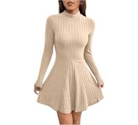 TrendiMax Women's Long Sleeve Mini Dress Ribbed Knit Mock Neck Ruffled A Line Casual Sweater Dresses Apricot