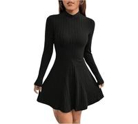 TrendiMax Women's Long Sleeve Mini Dress Ribbed Knit Mock Neck Ruffled A Line Casual Sweater Dresses Black