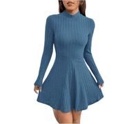 TrendiMax Women's Long Sleeve Mini Dress Ribbed Knit Mock Neck Ruffled A Line Casual Sweater Dresses Blue