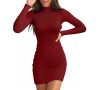TrendiMax Women's Long Sleeve Mock Turtle Neck Dress Ribbed Knit Bobycon Pencil Dress Slim Fit Sexy Party Mini Dresses Wine