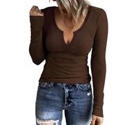 TrendiMax Womens Long Sleeve Notch V Neck T Shirts Ribbed Fleece Knit Casual Slim Fitted Tops Tee Shirt Dark Brown