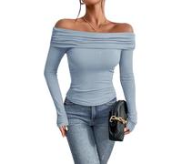 TrendiMax Womens Long Sleeve Off Shoulder Sexy Tops Ruched Elegant Shirts Knit Slim Fitted Blouse T Shirt Light Blue