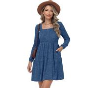 TrendiMax Women's Long Sleeve Ribbed Knit A-line Dress Square Neck Mini Casual Swing Sweater Dresses Blue