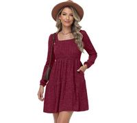 TrendiMax Women's Long Sleeve Ribbed Knit A-line Dress Square Neck Mini Casual Swing Sweater Dresses Wine