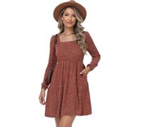 TrendiMax Women's Long Sleeve Ribbed Knit A-line Dress Square Neck Mini Casual Swing Sweater Dresses Brick Red