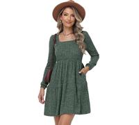 TrendiMax Women's Long Sleeve Ribbed Knit A-line Dress Square Neck Mini Casual Swing Sweater Dresses Green