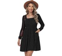 TrendiMax Women's Long Sleeve Ribbed Knit A-line Dress Square Neck Mini Casual Swing Sweater Dresses Black