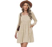 TrendiMax Women's Long Sleeve Ribbed Knit A-line Dress Square Neck Mini Casual Swing Sweater Dresses Apricot