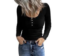 TrendiMax Womens Long Sleeve Scoop Neck Tops Ribbed Knit Button Up Henley Shirt Slim Fit Fleeced T Shirts Black