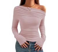 TrendiMax Womens Long Sleeve Sexy Tops Boat Neck Off Shoulder Knit Shirts Ruched Elegant Slim Fitted Blouse T Shirt Pink