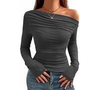 TrendiMax Womens Long Sleeve Sexy Tops Boat Neck Off Shoulder Knit Shirts Ruched Elegant Slim Fitted Blouse T Shirt Dark Gray