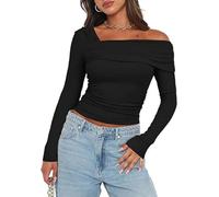 TrendiMax Womens Long Sleeve Sexy Tops Off Shoulder Ruched Ribbed Knit Shirt Fleeced Slim Fit Blouse T Shirt Black