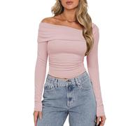 TrendiMax Womens Long Sleeve Sexy Tops Off Shoulder Ruched Ribbed Knit Shirt Fleeced Slim Fit Blouse T Shirt Pink