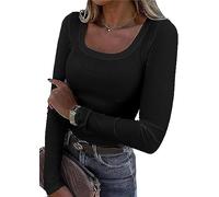 TrendiMax Womens Long Sleeve Tops Square Neck Knitted Shirts Fitted Basic Casual T Shirts Black