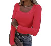 TrendiMax Womens Long Sleeve Tops Square Neck Knitted Shirts Fitted Basic Casual T Shirts Red
