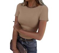 TrendiMax Womens Short Sleeve Crew Neck Tops Basic Slim Fitted T Shirt Ribbed Knit Top Summer Tee Shirts Y2K Khaki