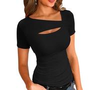 TrendiMax Women's Short Sleeve Tops One Piece Cutout Scoop Neck T Shirts Ribbed Knit Slim Fitted Casual Top Summer Tee Black