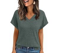 TrendiMax Women's Short Sleeve V Neck T Shirts Ribbed Knit Sweater Shirt Loose Fitted Summer Casual Dressy Tops Green