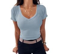 TrendiMax Womens Short Sleeve V Neck Tee Shirts Fitted Casual Summer Tunic Tops for Women Blue