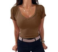 TrendiMax Womens Short Sleeve V Neck Tee Shirts Fitted Casual Summer Tunic Tops for Women Dark Brown