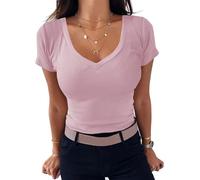 TrendiMax Womens Short Sleeve V Neck Tee Shirts Fitted Casual Summer Tunic Tops for Women Pink
