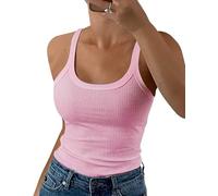 TrendiMax Women's Strap Ribbed Tank Top Scoop Neck Slim Fit Summer Vest Tops(L,Pink)