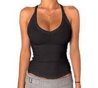 TrendiMax Women's V Neck Racer Back Tank Top Ribbed Knit Fitted Summer Vest Tank Black