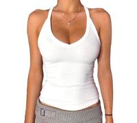TrendiMax Women's V Neck Racer Back Tank Top Ribbed Knit Fitted Summer Vest Tank White