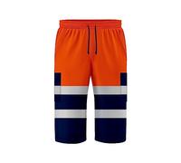 trending babz 3/4 Lenght Hi Viz High Visibility Safety Work Wear Multi Pockets 2 Tone Contrast Drawstring Reflective Tape Fleece Shorts Orange Navy