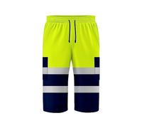 trending babz 3/4 Lenght Hi Viz High Visibility Safety Work Wear Multi Pockets 2 Tone Contrast Drawstring Reflective Tape Fleece Shorts Yellow Navy
