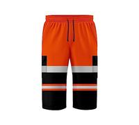 trending babz 3/4 Lenght Hi Viz High Visibility Safety Work Wear Multi Pockets 2 Tone Contrast Drawstring Reflective Tape Fleece Shorts Orange Black